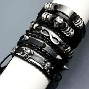 BLACK LEATHER SKULL INFINITY SPIKE BRACELET SET